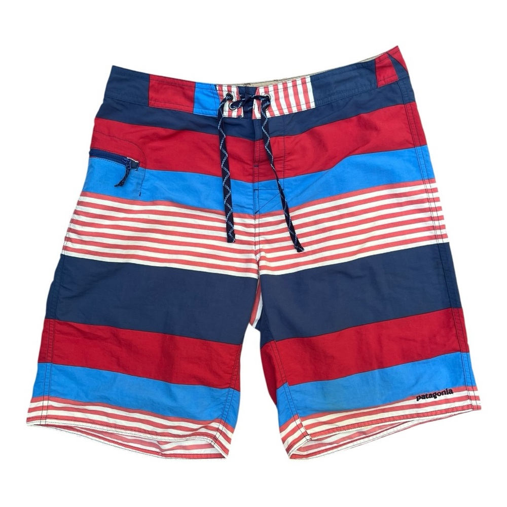 Patagonia Mens 34 Wavefarer Board Shorts Red White Blue Striped Swim Trunks